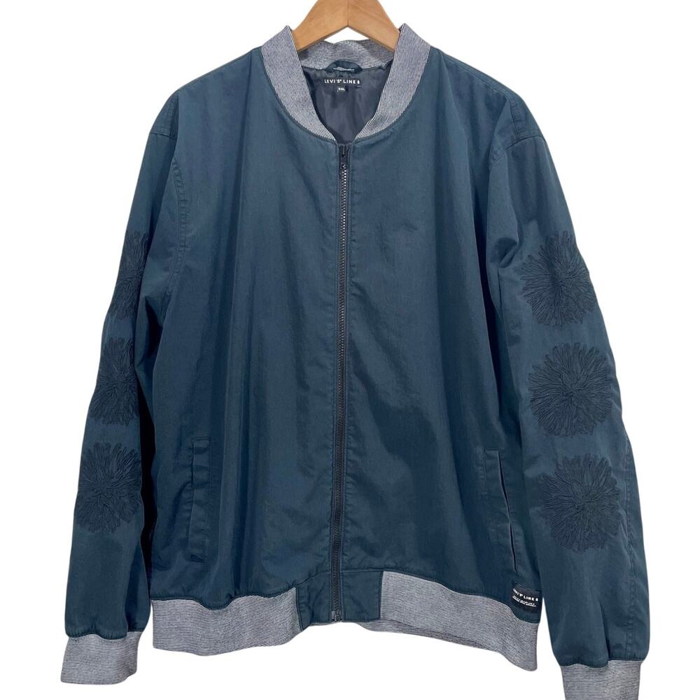 Levi's Line 8 Full Zip Bomber Jacket Mens XXL Blue Embroidered Sleeves Grunge